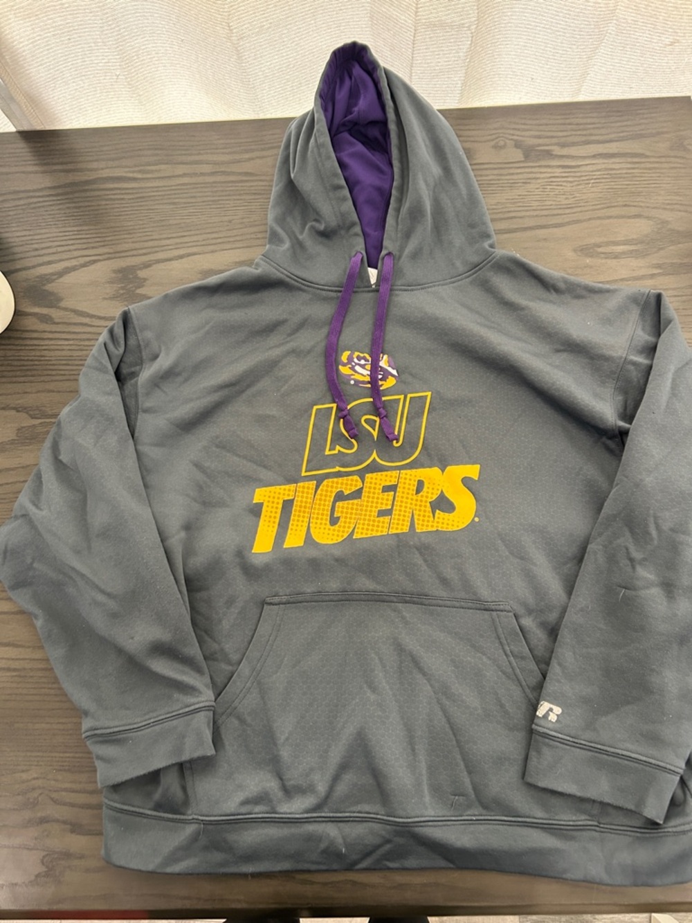 Russell Athletic Gray Hoodie with Purple Lined Hood and Yellow Accent